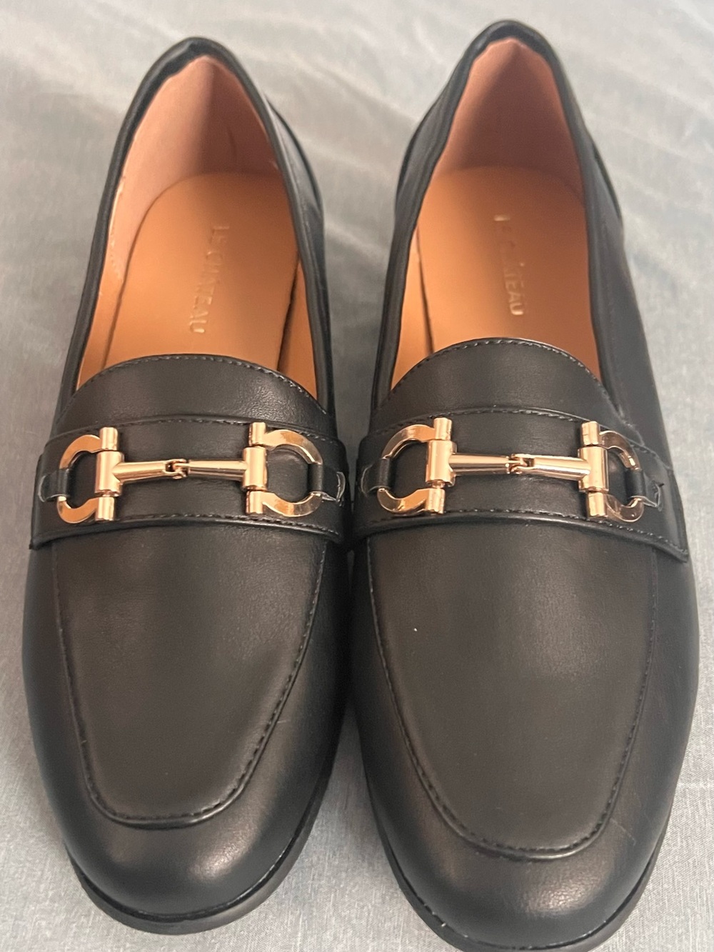 le chateau Black Leather Loafers with Gold Horsebit
